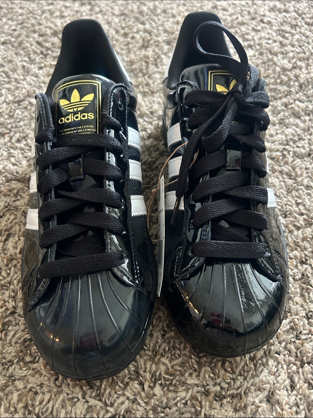 adidas Kids Black Patent Sneakers with White Stripes and Gold Logo Patch